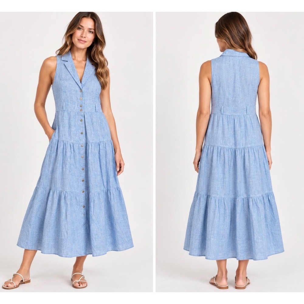 Zara Linen Cotton Blend Tiered Midi Dress Blue Sleeveless Button Front XS NWT